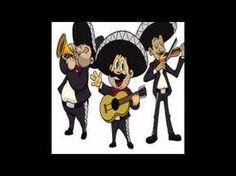 three cartoon characters are playing instruments and singing