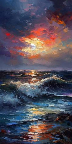 an oil painting of the ocean at sunset