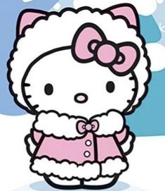 an image of hello kitty in the snow wearing a pink coat and bow tie with her hand on her chest