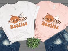 "Celebrate the special bond of friendship, family, and the joy of fall season with our \"Besties\" Matching Shirts! This heartwarming design features a graphic of a pumpkin and coffee as retro mascots, exuding charm and warmth, just like your favorite fall drinks. These Bff Matching Shirts are the perfect wardrobe addition whether you're planning a girl's trip or just want to display your Best Friends Forever status in a fashionable way. The design is funny and delightful, making it an instant conversation starter, be it a casual meet-up or a Thanksgiving gathering. Our Best Friends Shirt also makes an excellent Gift For Best Friend. Show her how much she means to you with our Besties Heart Shirt, a perfect present to bring a smile to her face. Parents, don't miss out on this fun fashion m Puff Paint Shirts, Coffee Pumpkin Spice, Thanksgiving Gathering, Bff Matching, Mother Daughter Fashion, Girl Trip, Pumpkin Spice Shirt, Big Sister Little Sister, Fall Fest