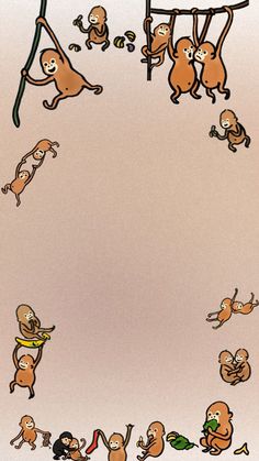 an animated drawing of monkeys hanging from a tree with their arms and legs in the air