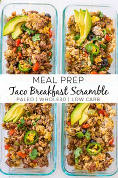 meal prep for taco breakfast scramble in two glass casserole dishes with avocado slices on top