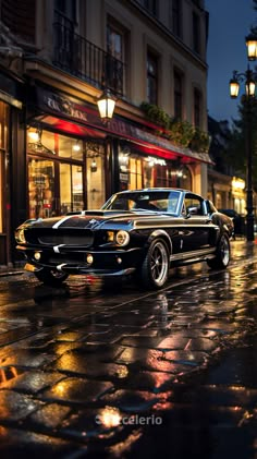 a classic car is parked on the street at night