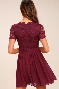 Lulus Exclusive! Look like you just arrived off of cloud nine in the Lulus Angel in Disguise Burgundy Lace Skater Dress! Elegant scalloped lace shapes a V-neckline and short sleeves atop a banded waist and flirty, chiffon skater skirt. Hidden back zipper/clasp. Fit: This garment fits true to size. Length: Mid-thigh. Size small measures 34.5" from shoulder to hem. Bust: Works best for A to C cup sizes - consider sizing up for fuller bust. Waist: Fitted - very fitted at natural waist. Hip: Not Fit Disguise Outfit, Cute Graduation Dresses, High School Graduation Dress, Plus Size Wedding Guest Outfits, Women Club Dresses, Grad Dresses Short, White Dresses Graduation, Bride Dress Lace, Lace Burgundy Dress