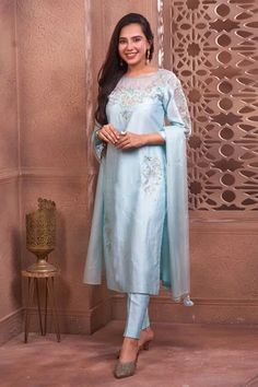 Shop for GEETIKA JAIN Blue Dabka Hand Embroidered Kurta Pant Set for Women Online at Aza Fashions Chanderi Dupatta, Blue Kurta, Kurta Pant Set, Party Wear Indian Dresses, Organza Dupatta, Kurta With Pants, 3d Flowers, Pant Set, White Pants