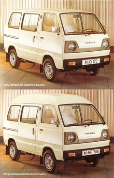 two pictures of a white van parked next to each other