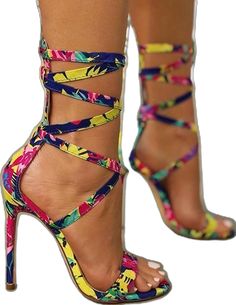 Multicolor Round Toe Sandals, Fitted Multicolor Round Toe Sandals, Fitted Multicolor Sandals With Round Toe, Multicolor Fitted Open Toe Heels, Spring Multicolor Fitted Heels, Multicolor Fitted Heels For Spring, Summer Lace-up Heels, Lace-up Heels For Summer, Fitted Lace-up Heels For Summer