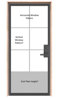 an open door with the words horizontal window pattern, vertical window pattern and kick plate height