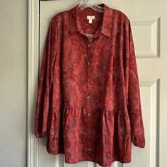 Oversized Blouse By Logo In A Size Xl. Beautiful Muted Pattern With Pearlized Buttons Down The Front. Sleeves Have Elastic Edging. I Love The Style! Measurements: 23” Across Chest, Underarm To Underarm 30” Long 24” Sleeve Length Comes From A Smoke Free Home. Thanks For Stopping By! (Color Most Like First Picture.) Oversized Red Fall Blouse, Oversized Red Button-up Blouse, Oversized Red Tops With Buttons, Red Oversized Buttoned Tops, Oversized Red Button-up Tops, Oversized Red Tops With Button Closure, Red Oversized Top With Button Closure, Lori Goldstein, Oversized Blouse