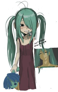 a drawing of a girl with green hair