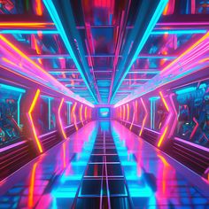 an abstract image of neon lights in a tunnel