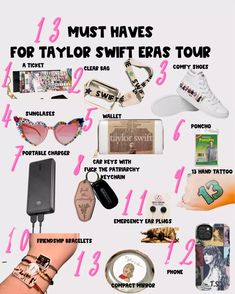 a poster with the words must haves for taylor swift era tour