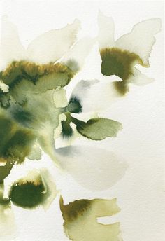 an abstract painting of white and green flowers on a white background with watercolors