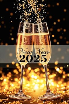 two glasses of champagne with the words new year 2055 on it and sparkling lights in the background