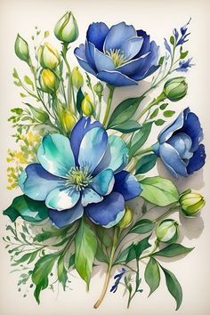 a painting of blue flowers with green leaves