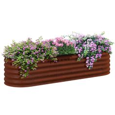 a planter filled with purple and white flowers