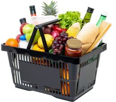 a shopping basket filled with lots of different types of food and drinks on top of each other