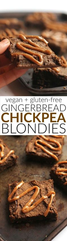 a person holding up a piece of bread with pretzels on it and the words vegan gluten free gingerbread chickpea blondies