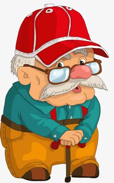 an old man with glasses and a red hat is sitting on the ground holding a cane