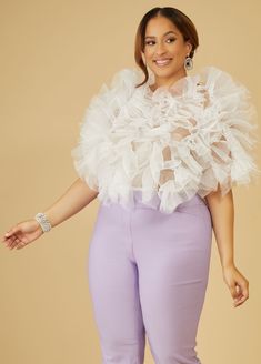 Plus Size Trendy Ruffled Party Top Plus Size Fashion Tops Evening Organza Top With Ruffles, Evening Ruffled Organza Top, Chic Organza Tops For Party, Chiffon Party Top With Ruffles, Chiffon Ruffle Top For Party, Sleeveless Organza Tops For Spring, Elegant Organza Tops With Ruffles, Elegant Ruffled Organza Tops, Glamorous Organza Tops For Party