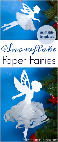 snowflake paper fairy ornament on a christmas tree with text overlay