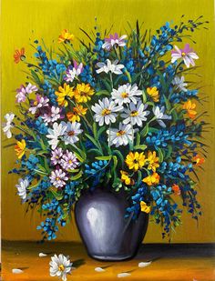 a painting of flowers in a black vase on a yellow tablecloth with white and blue daisies