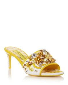 Dolce & Gabbana Women's Embellished Mule Sandals Luxury Crystal-embellished Heels For Summer, Designer Crystal Embellished Sandals For Spring, Designer Embellished Sandals For Gala, Luxury Stone Embellished Sandals For Formal Occasion, Designer White Embellished Sandals, Yellow Embellished Evening Heels, Luxury Yellow Evening Sandals, Luxury Yellow Sandals For Evening, Elegant Yellow Evening Sandals