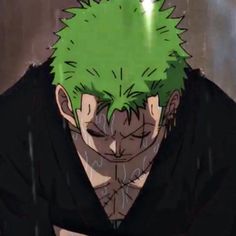 an anime character with green hair and black clothes