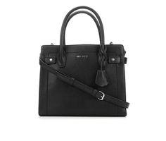 Synthetic leather construction with fabric lining, Top carry handles and removable shoulder strap, Large main compartment with zipper closure and internal zippered and slip pockets,2 large slip pockets, Includes removable keychain, Approx. 9 1/2 inches H x 11 inches W x 5 inches D, Nine West branding details | Nine West Bettina Satchel Handbag in Black Classic Satchel With Adjustable Handle For Shopping, Classic Bags With Adjustable Double Handle, Classic Shopping Bag With Adjustable Handle, Classic Bags With Adjustable Strap For Shopping, Classic Shopping Shoulder Bag With Adjustable Handle, Classic Bags With Adjustable Handle For Daily Use, Classic Shoulder Bag With Adjustable Handle For Shopping, Workwear Shoulder Bag With Adjustable Handle, Workwear Tote Bag With Adjustable Handle