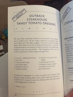 an open book with instructions on how to make steak steakhouse and tangy tomato dressing