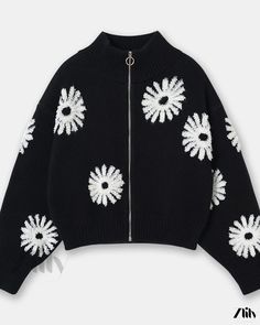 Zlily - Daisy Embroidered Zip-Up High Neck Black Knitted Cardigan with Semi-Turtleneck and Long Sleeves Casual High Neck Outerwear For Spring, Trendy Embroidered Fall Cardigan, Embroidered Crew Neck Cardigan For Fall, Knit Tops With Floral Embroidery For Fall, Floral Embroidery Knit Tops For Fall, Winter Floral Embroidery Crew Neck Cardigan, Winter Cardigan With Floral Embroidery And Crew Neck, Winter Crew Neck Cardigan With Floral Embroidery, Winter Floral Embroidered Crew Neck Cardigan