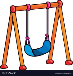 a wooden swing with two blue swings