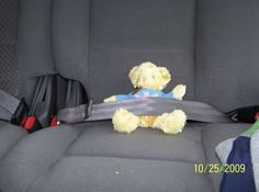 a teddy bear sitting in the back seat of a car with a safety belt around its neck