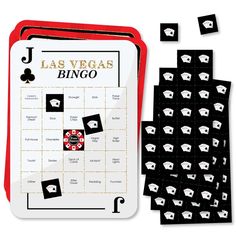 the las vegas casino game is shown next to several pieces of black and white cards