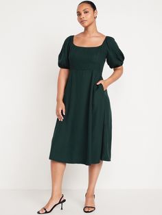 Fit and Flare Crepe Midi Dress | Old Navy Green Midi-length Puff Sleeve Dress With Gathered Sleeves, Green Midi Length Puff Sleeve Dress With Gathered Sleeves, Green Midi Puff Sleeve Dress With Gathered Sleeves, Casual Midi Dress With Gathered Sleeves And Square Neck, Casual Midi Dress With Fitted Bodice And Square Neck, Casual Midi Dress With Pleated Puff Sleeves, Square Neck Puff Sleeve Dress With Elastic Sleeves, Square Neck Midi Dress With Smocked Bodice, Square Neck Midi Dress With Pleated Sleeves