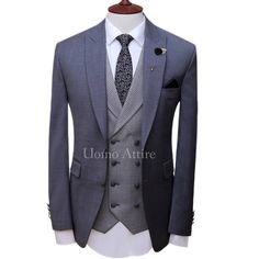 Silver grey three piece suit with v shape shawl lapel – Uomo Attire Elegant Gray Double Breasted Suit For Semi-formal Occasions, Semi-formal Gray Tuxedo With Notch Lapel, Gray Notch Lapel Tuxedo For Semi-formal Occasions, Gray Notch Lapel Tuxedo For Semi-formal Events, Gray Tuxedo Blazer With Notch Lapel, Gray Notch Lapel Tuxedo, Gray Fitted Three-piece Suit, Elegant Fitted Gray Three-piece Suit, Elegant Gray Fitted Three-piece Suit