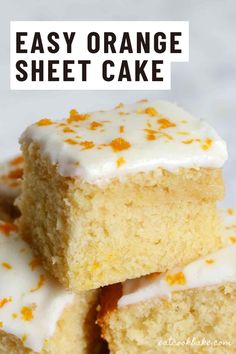 orange sheet cake with white frosting and orange sprinkles stacked on top