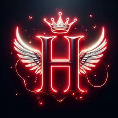 the letter h with wings and a crown on top is lit up by neon lights