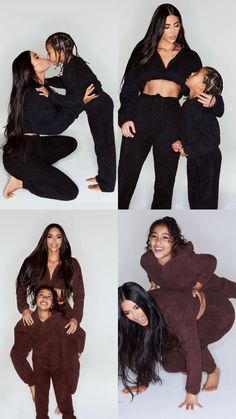 two women and a child are posing for pictures together in matching outfits, one is hugging the other's head