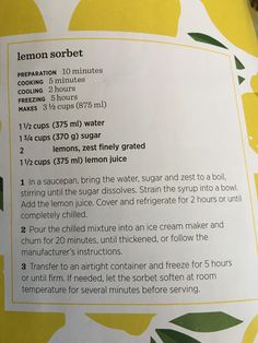 a recipe for lemon sorbet with instructions on how to make it