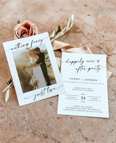 two wedding photos are laying on the ground next to each other, and there is a rose in front of them