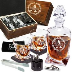 an assortment of personal items including two whiskey glasses