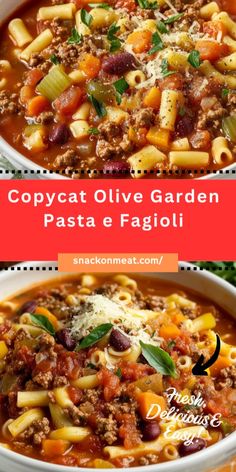 two bowls of pasta and meat soup with text overlay that reads copycat olive garden pasta e ragoli