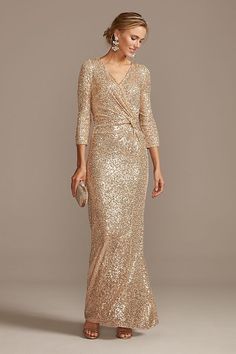 Gold Wrap Dress, Gold Glitter Dress, Gold Sequin Gown, Sequin Sheath Dress, Mother Of The Bride Gown, Wrap Front Dress, Mother Of Groom Dresses, Gold Sequin Dress