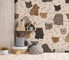 there is a wallpaper with dogs and bones on the wall next to a shelf