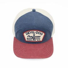 Details This updated 6-panel trucker cap is made from 100% pigment dye cotton and is dedicated to the spirit of being a born & bred DEVIL-DOG®. Red/Blue – Born & Bred patch 6-Panel with yoke, Structured Pigment dye-100% Cotton Crown Height: 3 ½”, Mid Profile Authentic Bandana branding inside crown Pre-curved bill provides all day comfort & shade Plastic Snapback Adjustable Closure Style# DDC115 Imported Pre-washed Cotton 5-panel Hat, Pre-washed Cotton Baseball Cap With Curved Bill, Retro Cotton Baseball Cap For Baseball Season, Vintage Cotton Trucker Hat With Curved Bill, Vintage Canvas Baseball Cap, Vintage Cotton Dad Hat With Flat Bill, Vintage Blue Cotton Trucker Hat, Retro Adjustable Cotton Snapback Hat, Adjustable Retro Cotton Snapback Hat