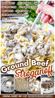 the recipe for ground beef stroganoni is shown