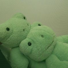 two green teddy bears sitting next to each other