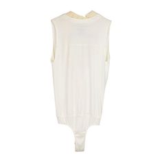 Donna Karan white wrap style bodysuit with a cream silk crepe frill on the neckline and a snap closure in the gusset. Brand = Donna Karan Size = 4 Condition = 8/10, Very good. One small mark on the back Material = Viscose, elastane, silk SKU = 13302-5 Fitted Sleeveless Bodysuit For Daywear, Chic Spring Bodysuit For Workwear, Chic Spring Workwear Bodysuit, White Fitted Bodysuit For Daywear, Elegant Beige Sleeveless Bodysuit, Fitted Bodysuit For Summer Workwear, Chic Sleeveless Cream Bodysuit, Chic Cream Sleeveless Bodysuit, White Stretch Bodysuit For Work