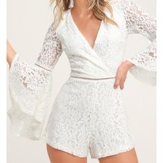 Lulus Babygirl White Lace Romper. New With No Tags. Size Tag Inside Was Cut For Final Sale By Store. Bridal Romper Wedding, Bridal Romper Lulus, Elegant Lace V-neck Jumpsuits And Rompers, Spring Lace V-neck Jumpsuits And Rompers, White Lace Trim Bubble Romper For Summer, Wedding Romper, Bridal Romper, White Laced Romper Dress, Wedding Ootd